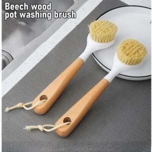1Pcs Kitchen Cleaning Brush Natural Wooden Handle Cleaning Brush Cast Iron Frying Pan Brush