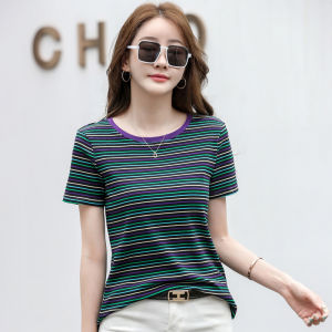 Phụ Nữ Tay Ngắn Cổ Tròn T-Shirt giản dị áo kẻ sọc 93% cotton
