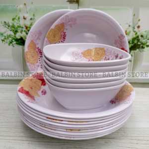 promo spesial set 6 pcs isi 3 piring dan 3 mangkuk bahan melamin motif bunga sakura terbaru