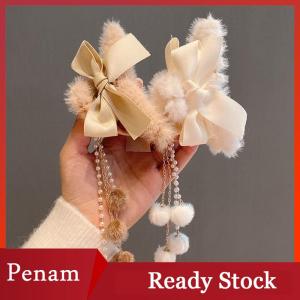 [PAM] Fashion Women Soft Plush Bow Tassel Hair Claw Clips Elegant Hair Clips Headwear