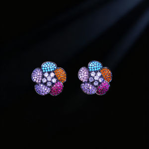SEQUITO Classy Black Gold Plated Dance Ear Stud Earrings Pave Setting Multicolor AAA Cubic Zirconia Flower Shape Jewelry SE1031