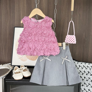 Bear Leader Fashion Summer New Girls Clothes Korean Version 3D Flower Sleeveless Top + Bow Skirt Two-piece Sets 4 To 7 Years Kids Sweet Cute Wear