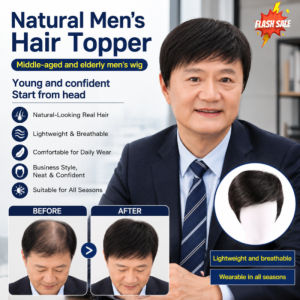 Mens Short Hair Wig Natural Look Realistic Design Human Hair Fiber Full Headpiece