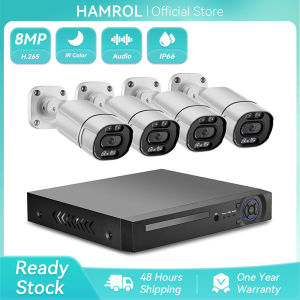 Hamrol 4CH 8MP 4K Two Way Audio H.265 Color Night Vision POE Camera System Outdoor Waterproof Audio CCTV Video Surveillance Camera Set