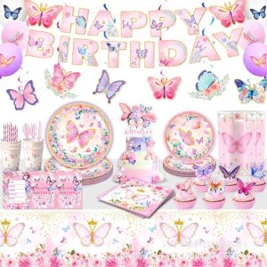 Pink Purple Butterfly Disposable Tableware Happy Birthday Banner Spiral Set Girls Birthday Wedding Baby Shower Party Supplies