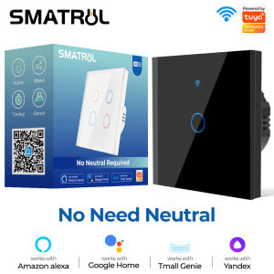SMATRUL Smart Light Switch Tuya 2.4 GHz WiFi Switch NO Neutral Wire Needed Black 1/2/3/4 gang Tempered Glass Touch Panel Touch Wall Mount Switches Works for Alexa/Google Home/天猫精灵