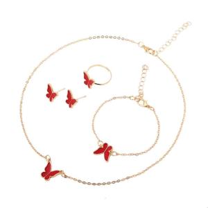 4Pcs Necklace with Earrings & Bracelet & Ring Enamel Charm Neck Chain Fashionable Butterfly Set for Lady Girls