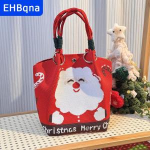 [COD] EHBqna SPORTS กระเป๋าถักลายการ์ตูนกวางเรนเดียร์ซานตาคลอสสำหรับผู้หญิงกระเป๋าถือแบบพกพาความจุขนาดใหญ่กระเป๋าของขวัญคริสต์มาส