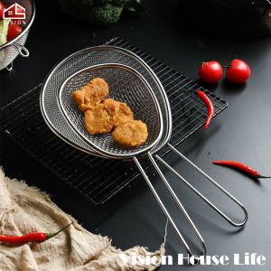 Vision Stainless Steel Leaky Spoon Filter Screen Handheld Fine Mesh Oil Strainer Frying Leaky Screen Noodle Scoop Screen Oil Splatter Screen Flour Sifter Sieve Colanders Kitchen Bakware