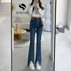 Corla2 Celana Jeans Cutbray Jeans Stretch 2 kancing Celana Retro Kaki Belah Casual Slim-fitting