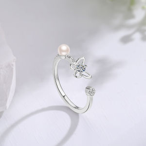 Pharaoh🍓Cincin Terbuka Kupu-kupu Mutiara Zirkon Cincin Pribadi Wanita/Hollow Ring COD
