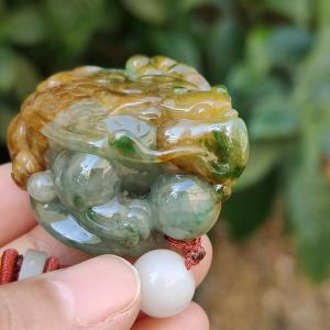 Super Rare Green and Brown Natural Type A Jadeite Jade crafted with Vermilion bird as pendant with certificate weigh 59.21 grams measurement 45.8 * 32 * 27.3 mm (pendant231)