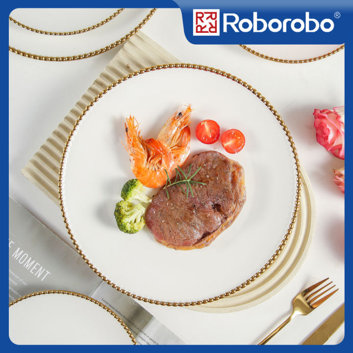Roborobo Gold Rim Nordic Ceramic Beaded White Dinner/Salad