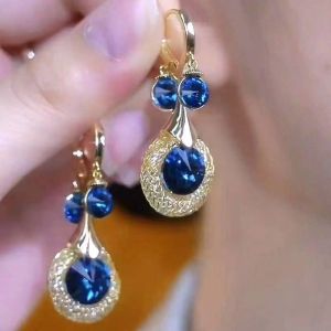 Fashionable Ring Gift 金丝蓝水晶耳环新款蓝色水滴水晶耳坠精致气质耳扣高级轻奢耳饰品