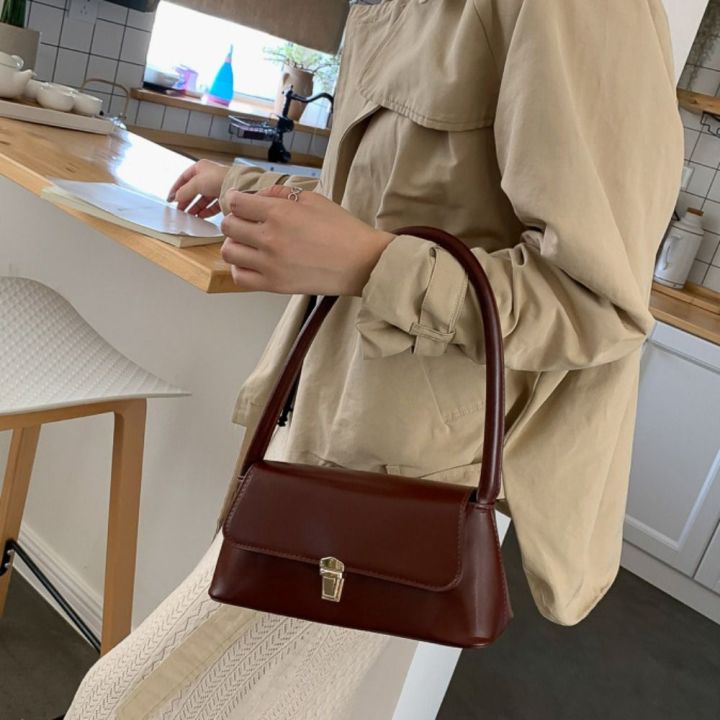 Neb11 Pu Leather Underarm Bag Solid Color Metal Buckle Retro Shoulder Bag Simple Hand Bag Luxury 8038