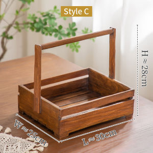 ตะกร้าไม้สักมีที่ถือ ใส่ผลไม้ กระเช้าไม้ใส่เครื่องปรุง ถาดไม้ใส่ของ ตะกร้าไม้เนื้อแข้งใส่ขนมปังวินเทจ