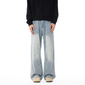 Baggy Korean Jeans Mens Personalized Y2k Pants Fashion Straight Casual Vintage Denim Trousers Male Streetwear Blue