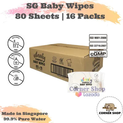 Made in Singapore Essential Baby Wipes 80 sheets x 16 packs - Infanity Wet Wipe