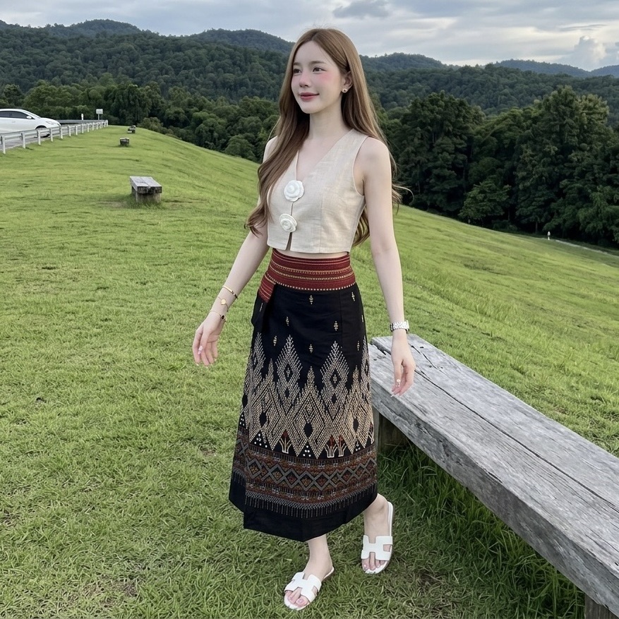 LANNA กระโปรงผ้าไทยทรงเอ ผ้าฝ้ายพิมพ์ลาย ใส่สบาย พรางพุง สวยทุกวัน
