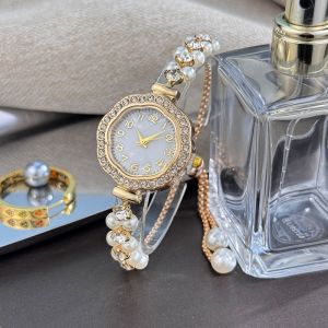 NEMOPH Double-Row Pearl Pull-Open Bracelet Watch Adjustable Strap Diamond-Encrusted Case Ladies Quartz Watch Fashion Chain Watch Women Girls