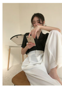 Alisa.Sonya women elegant formal white korean fashion shirts short sleeve v neck collar imitated silk blouse for women
