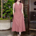ZANZEA Women's Vintage Sleeveless V-Neck Plain Midi Dresses Casual Loose Front Slit Sundress Red Dress #8. 