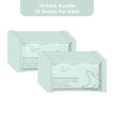 [10-packs] Cloversoft 100% Antibacterial Unbleached Bamboo Organic Wet Wipes (15/40 sheets)