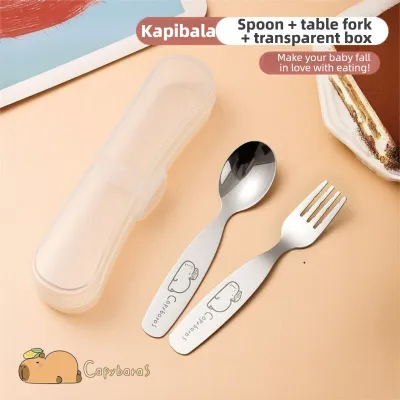 Oldlaiben 316 Stainless Steel Childrens Spoon and Fork Set with Case Capybara Portable Metal Cutlery Set