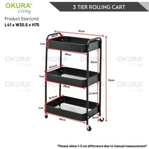 OKURA 3 Tier Multipurpose Rolling Cart Rolling Utility Cart Rolling Storage Trolley Cart Home Office Storage Shelves
