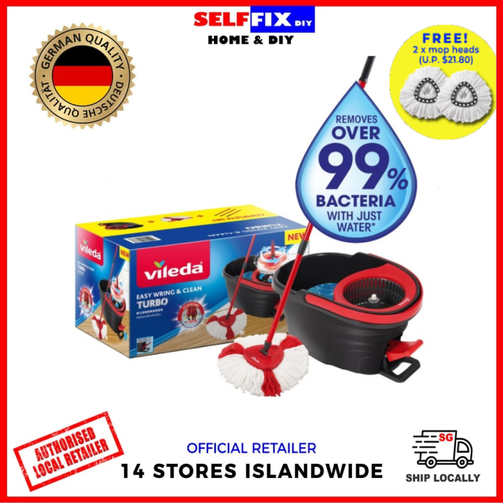 Vileda Easy Wring & Clean Mop and Bucket Set w/ Free 2 Extra Mop Heads - Home Cleaning Essentials