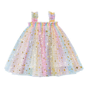 【COD&Local】Girls Sequin Dress  Strap Sleeveless Decorative Stars Mesh Princess Dress for Your Little Girl