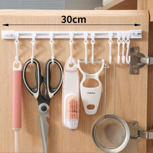 Self-Adhesive Track Row Hooks Wall Mounted Hooks Rail with 10 S-Hooks Multi-Functional Storage Hooks for Kitchenware Cabinet