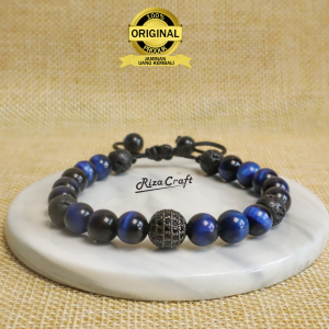SOCIO BRACELET - Gelang Batu Kristal Akik Tiger Eye Biru Mix Lava Stone Sekat Zircon Aesthetic Pria Wanita Keren Terbaru