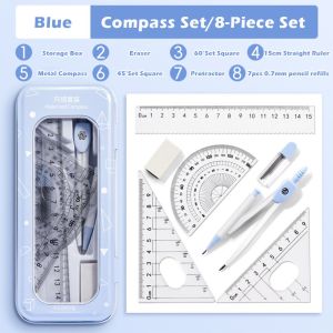WFYW 8PCS/Set Transparent Ruler Compasses Set Plastic Eraser Protractor High Quality Set Square Measuring Ruler Students