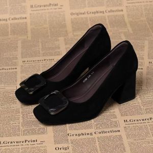 Free Shipping Retro Genuine Leather Fashion Comfortable Thick-Heeled Single Shoes For Women 2026 Spring And Autumn New Collection Elegant Square-Toe Shallow High Heels