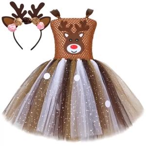 Sparkle Christmas Deer Costumes for Baby Girls Reindeer Halloween Tutu Dress Kids Animal Elk Outfits Children New Year Clothes2026