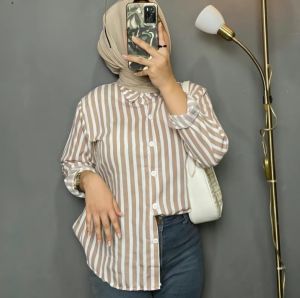 Kemeja Wanita Motif Salur Stripe Kekinian By Azka Collection