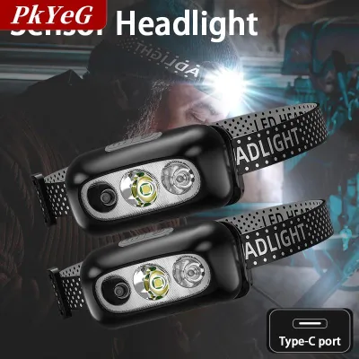 [COD] PkYeG ไฟฉายสวมศีรษะแบบชาร์จไฟได้สำหรับตั้งแคมป์กลางแจ้งตกปลาไฟฉายคาดศีรษะแบบ USB-C แบบเซ็นเซอร์ LED พกพา