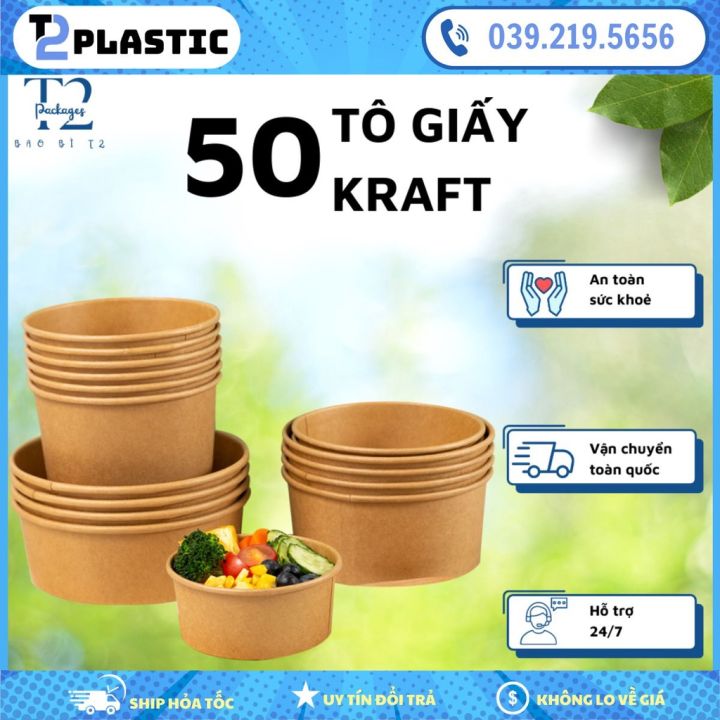 Sỉ 50 Tô Giấy Kraft 750ml/1000ml/500ml/350ml Đựng Thực Phẩm Kèm Nắp Cao ...