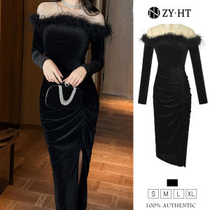 ZY.HT EraVogue Womens Dresses Black Dresses Long Sleeve Dresses Velvet Dresses High-class Dresses Event Dresses Evening Dresses 20247