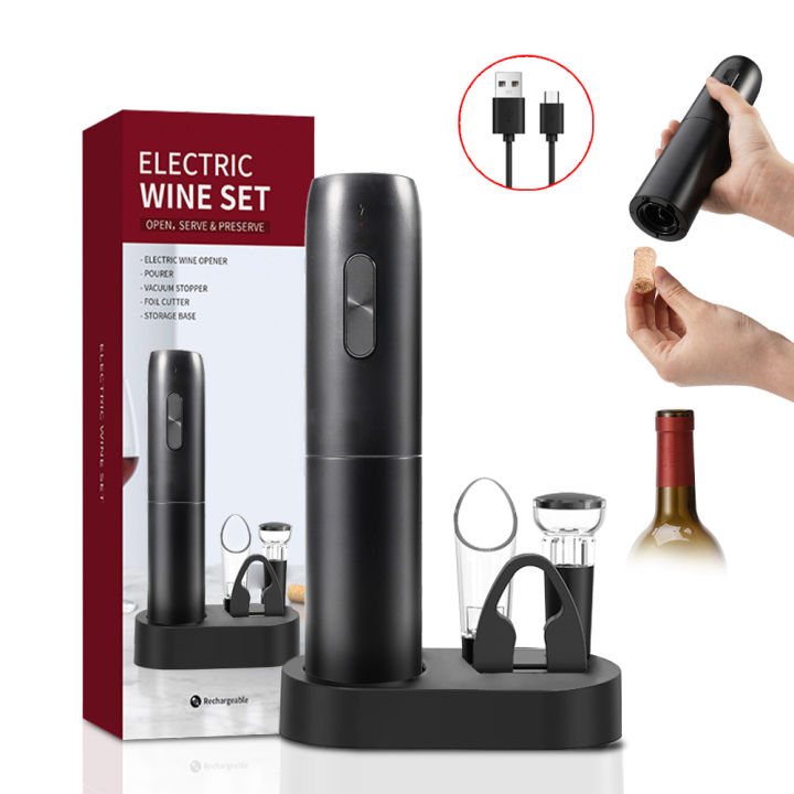 Electric bottle opener with charging base, automatic cork one button