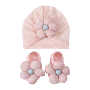 Baby Girls Turban Hat with Flower Accent Newborns Bonnet 0-12 Month Infant Hospital Caps with Socks Toddler Shower Gift