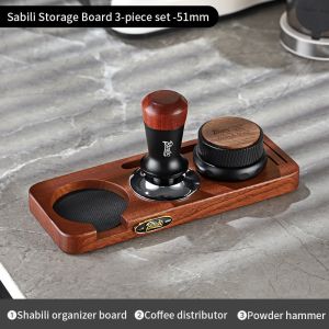 BINCOO Coffee Tamper Set Portafilter Distributor Machine Storage Base Walnut Elastic Powder Press Hammer Dispenser 3 pieces Coffee Machine Accessories Set 51MM/58MM
