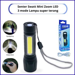 Senter Lampu LED Swatt Mini Zoom Rechargeable Usb 3Mode High Low Strobo Super Terang outdoor Camping