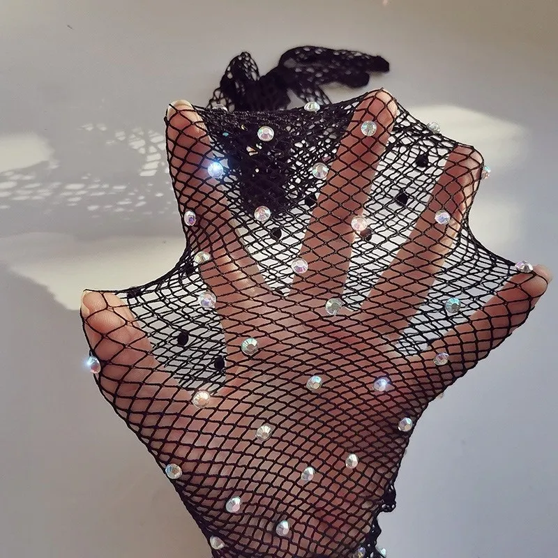 Glitter Rhinestone Stretch Gloves Embroidered Mesh See-through