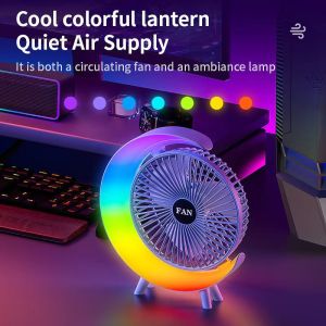 Desktop fan Colorful LED desk fan (Five-color) Three wind speeds USB charging rechargeable silent air circulation fan live atmosphere lighting RGB Light Show Fan Brushless motor for Home/office/shop