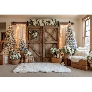 Winter Christmas Wooden Door Photography Backdrop Xmas Tree Gifts Wreath Snowy Baby Photo Photographic Background Photocall Prop