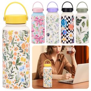 HELUVK Stainless Steel Thermal Water Bottle Floral Pattern Leak-proof Design Insulated Mug Creative 1L Capacity Sports Bottle Sports Use