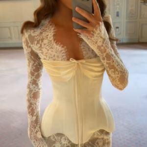 Womens Exquisite Lace Long Sleeve Corset Dress Chic V Neck Satin Bustier Mini Dresses 2026 Bachelorette Wedding Party Clothing2026