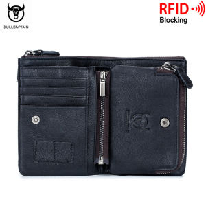 BULLCAPTAIN 100% Genuine Leather Mens Wallet Zip Retro Coin Purse